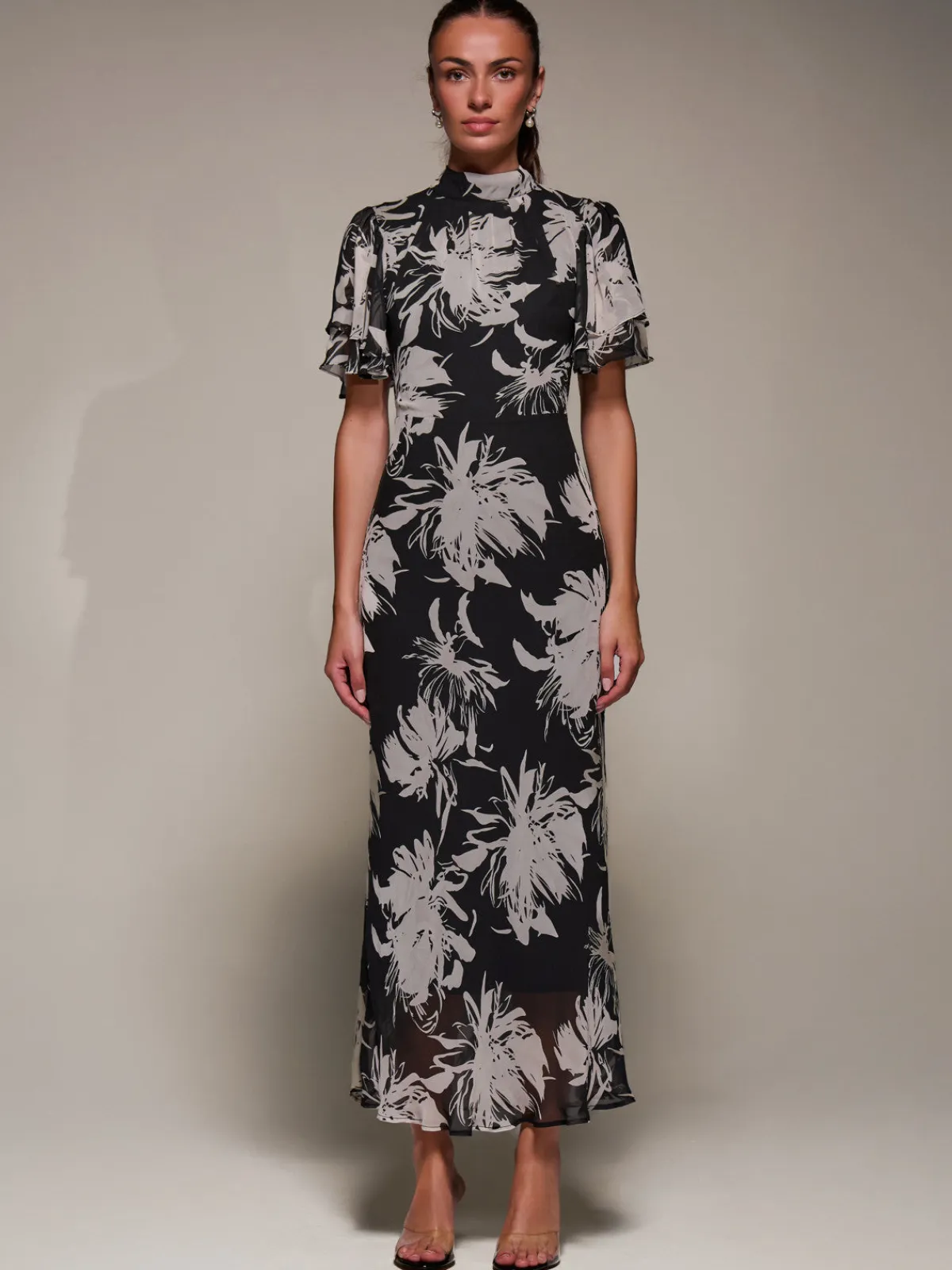 Jolie Moi Occasion Dresses|Party Dresses-High Neck Angel Sleeve Chiffon Maxi Dress, Black Abstract