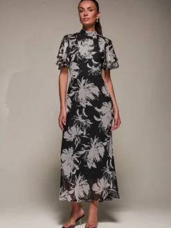 Jolie Moi Occasion Dresses|Party Dresses-High Neck Angel Sleeve Chiffon Maxi Dress, Black Abstract