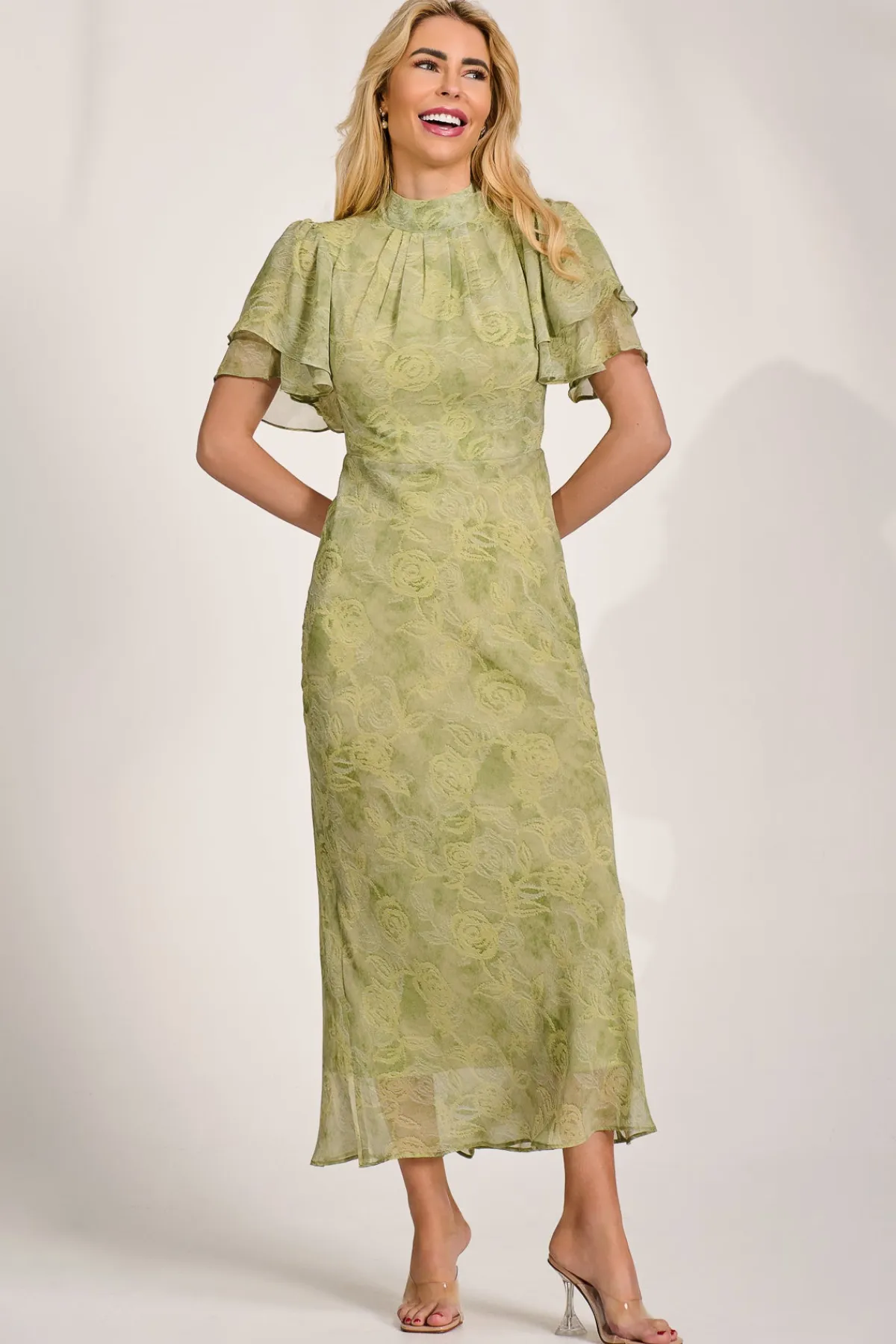 Jolie Moi Occasion Dresses|Weekend Casuals-High Neck Angel Sleeve Chiffon Maxi Dress, Green Abstract