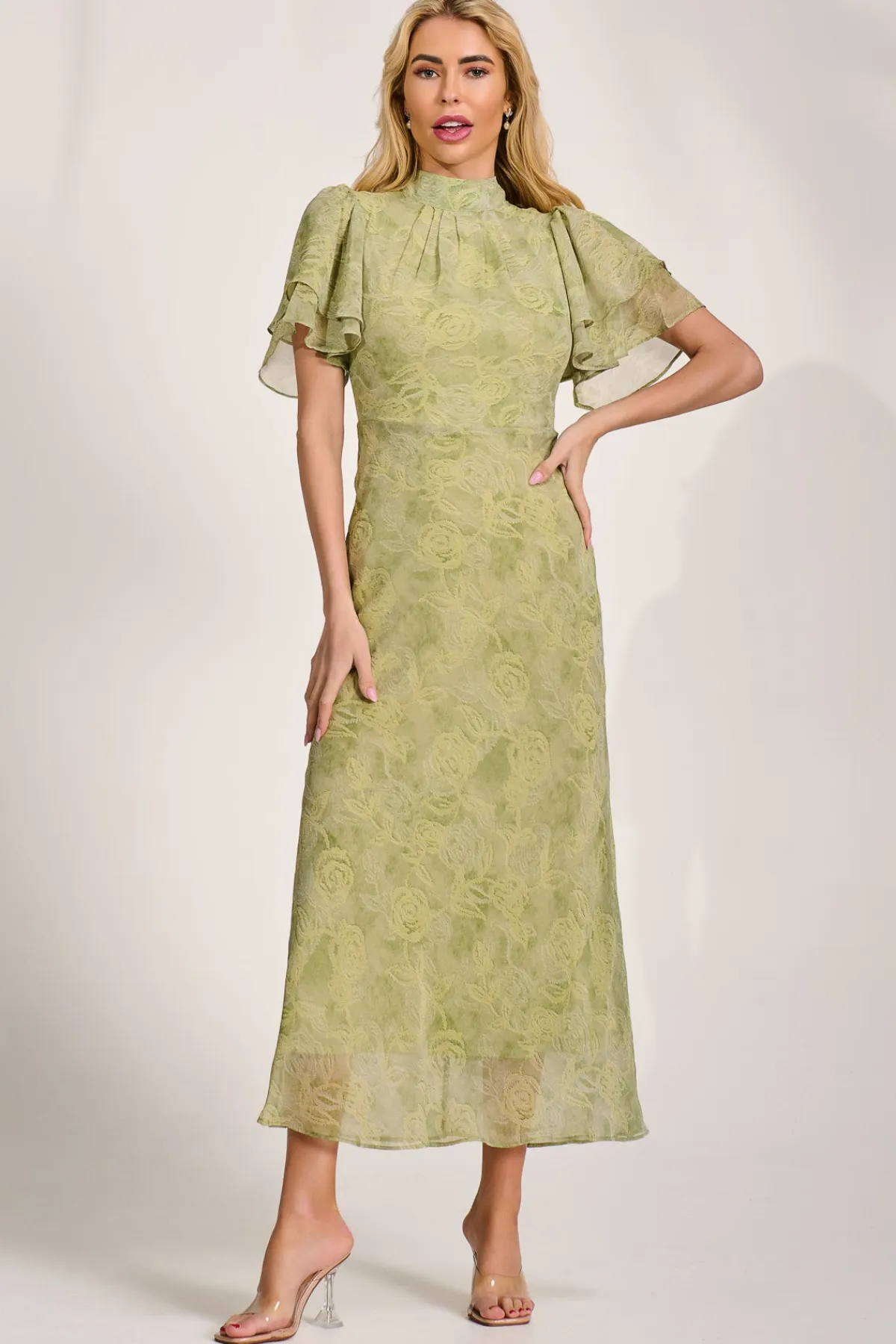 Jolie Moi Occasion Dresses|Weekend Casuals-High Neck Angel Sleeve Chiffon Maxi Dress, Green Abstract
