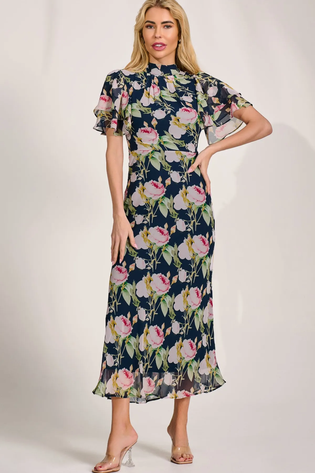 Jolie Moi Occasion Dresses|Floral Dresses-High Neck Angel Sleeve Chiffon Maxi Dress, Navy Floral