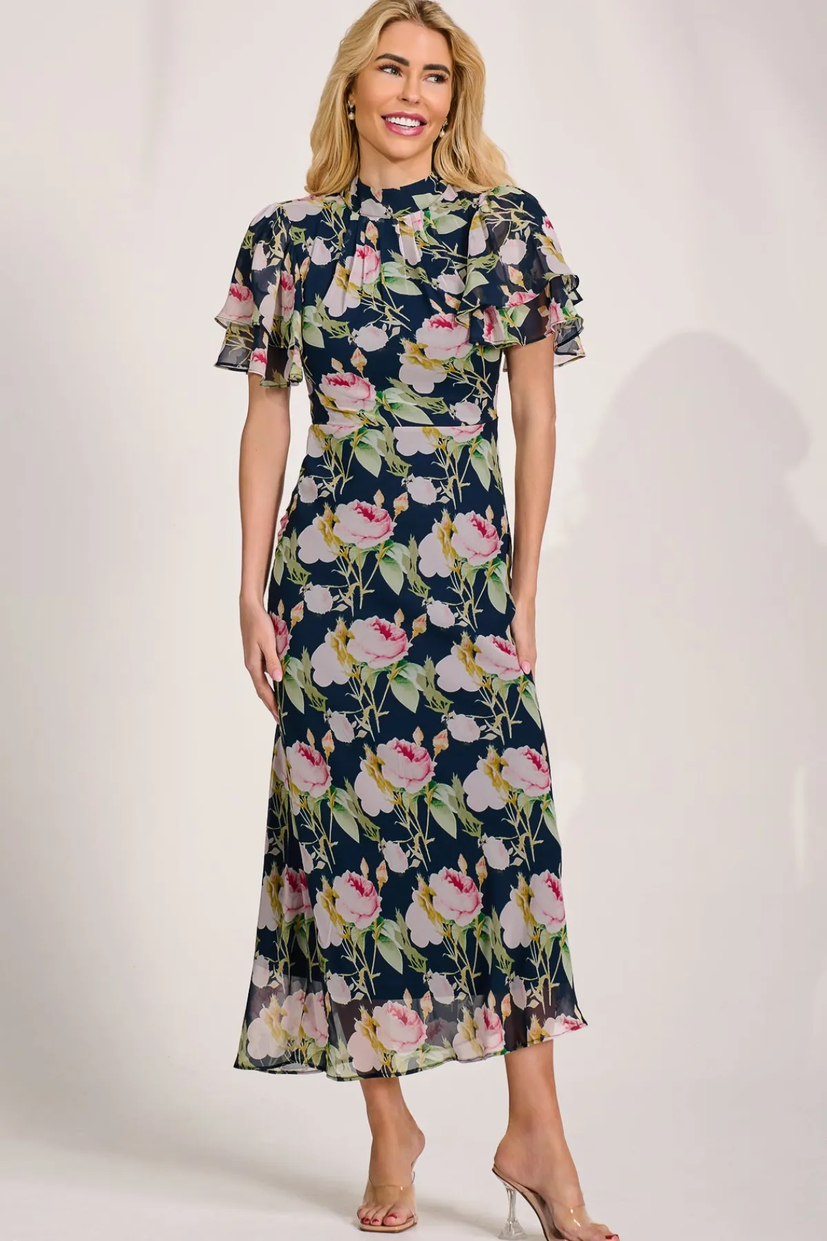 Jolie Moi Occasion Dresses|Floral Dresses-High Neck Angel Sleeve Chiffon Maxi Dress, Navy Floral