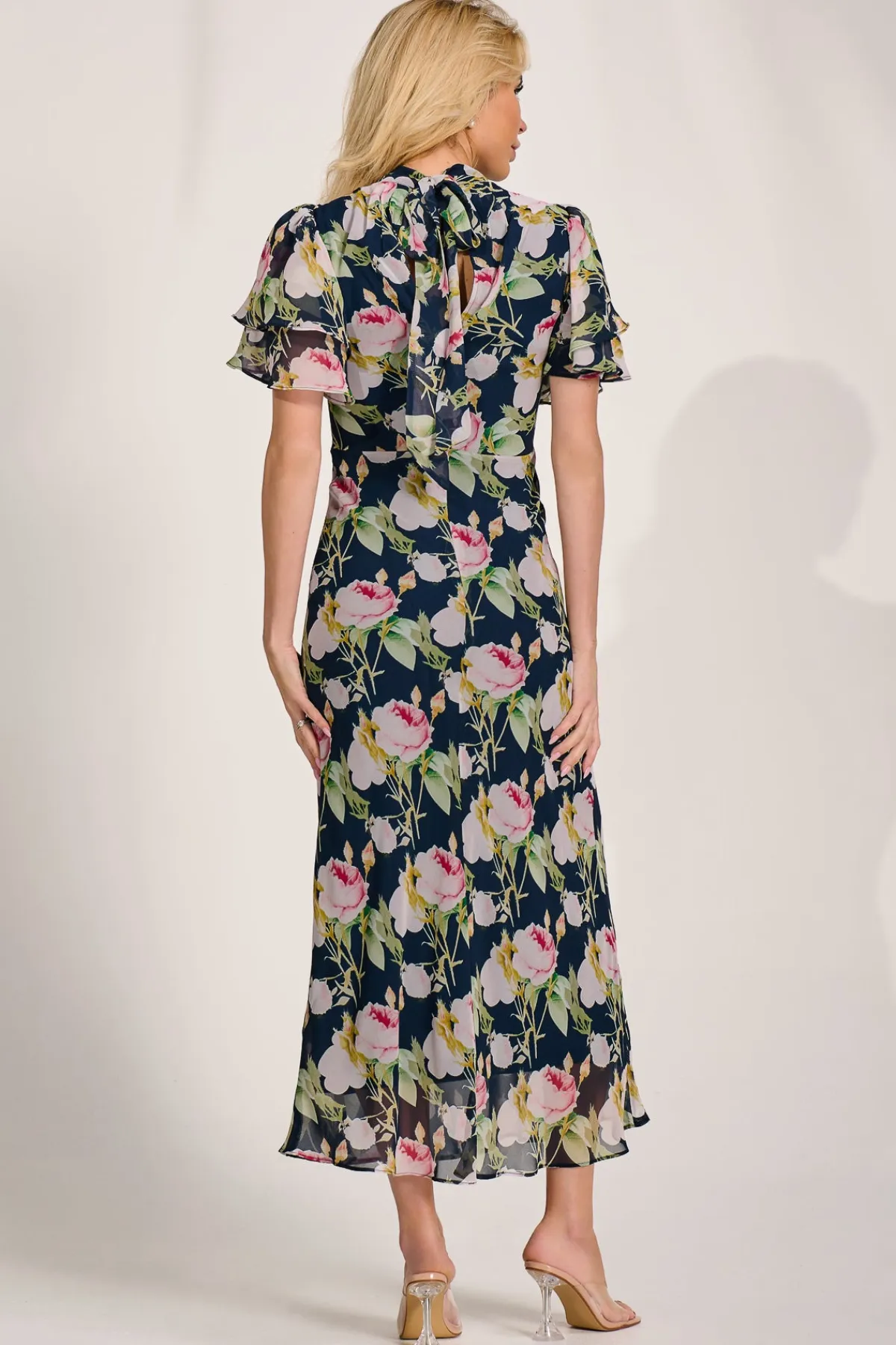 Jolie Moi Occasion Dresses|Floral Dresses-High Neck Angel Sleeve Chiffon Maxi Dress, Navy Floral