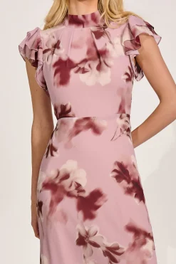 Jolie Moi Occasion Dresses|Maxi Dresses-High Neck Ruffle Sleeve Chiffon Maxi Dress, Pink Floral