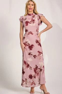 Jolie Moi Occasion Dresses|Maxi Dresses-High Neck Ruffle Sleeve Chiffon Maxi Dress, Pink Floral