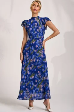 Jolie Moi Occasion Dresses|Maxi Dresses-High Neck Ruffle Sleeve Chiffon Maxi Dress, Royal Floral