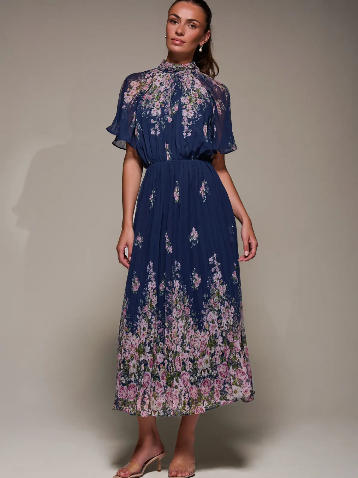 Jolie Moi Occasion Dresses|Floral Dresses-High Neck Short Sleeve Pleated Chiffon Dress, Navy Floral