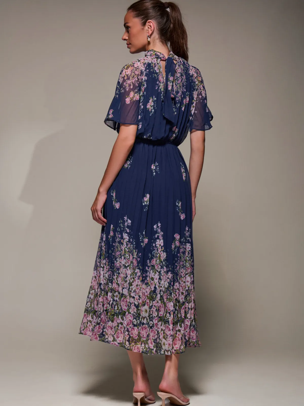 Jolie Moi Occasion Dresses|Floral Dresses-High Neck Short Sleeve Pleated Chiffon Dress, Navy Floral