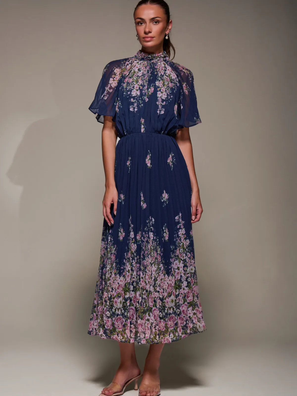 Jolie Moi Occasion Dresses|Floral Dresses-High Neck Short Sleeve Pleated Chiffon Dress, Navy Floral