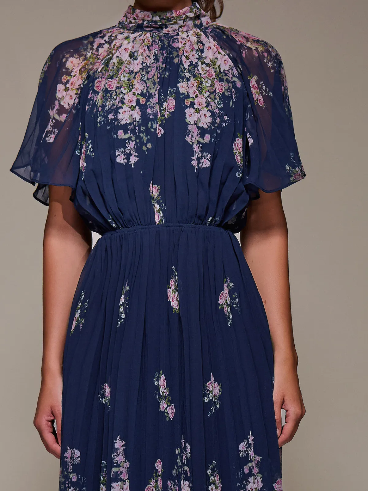 Jolie Moi Occasion Dresses|Floral Dresses-High Neck Short Sleeve Pleated Chiffon Dress, Navy Floral