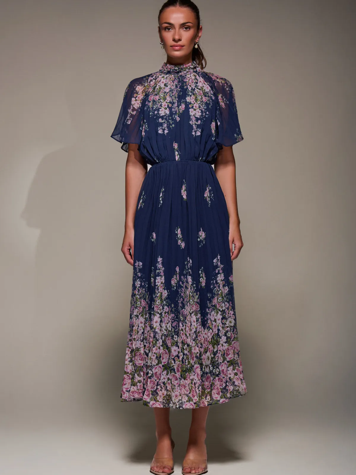 Jolie Moi Occasion Dresses|Floral Dresses-High Neck Short Sleeve Pleated Chiffon Dress, Navy Floral