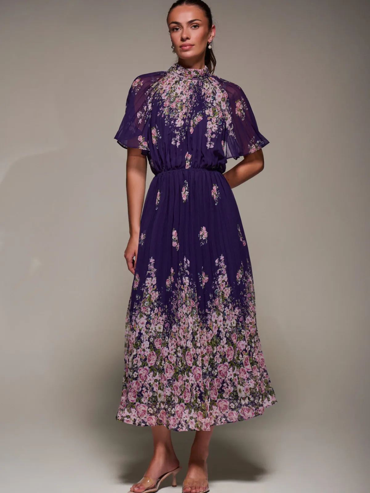 Jolie Moi Occasion Dresses|Floral Dresses-High Neck Short Sleeve Pleated Chiffon Dress, Purple Floral