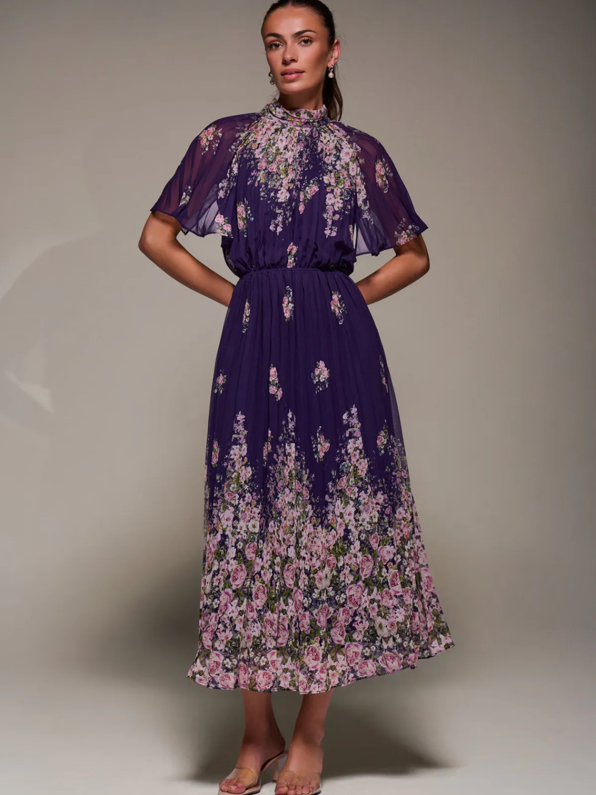Jolie Moi Occasion Dresses|Floral Dresses-High Neck Short Sleeve Pleated Chiffon Dress, Purple Floral