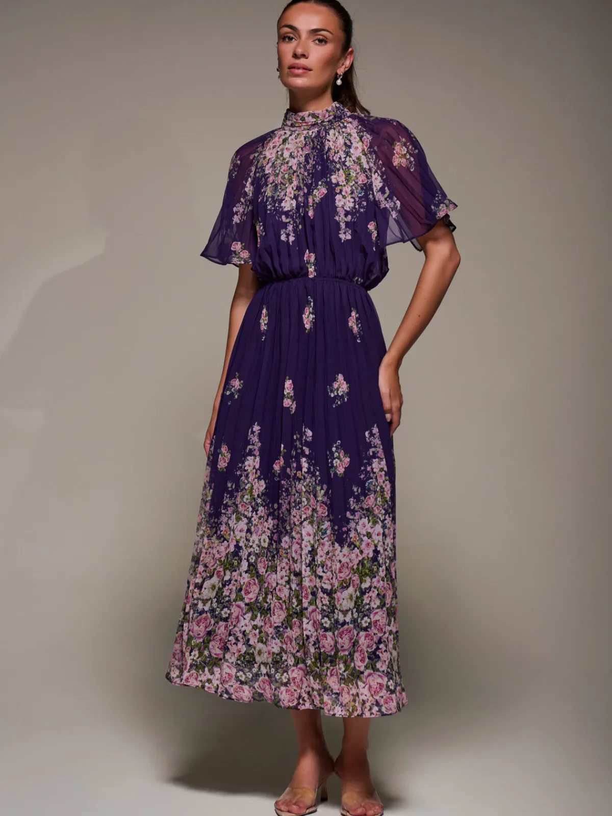 Jolie Moi Occasion Dresses|Floral Dresses-High Neck Short Sleeve Pleated Chiffon Dress, Purple Floral
