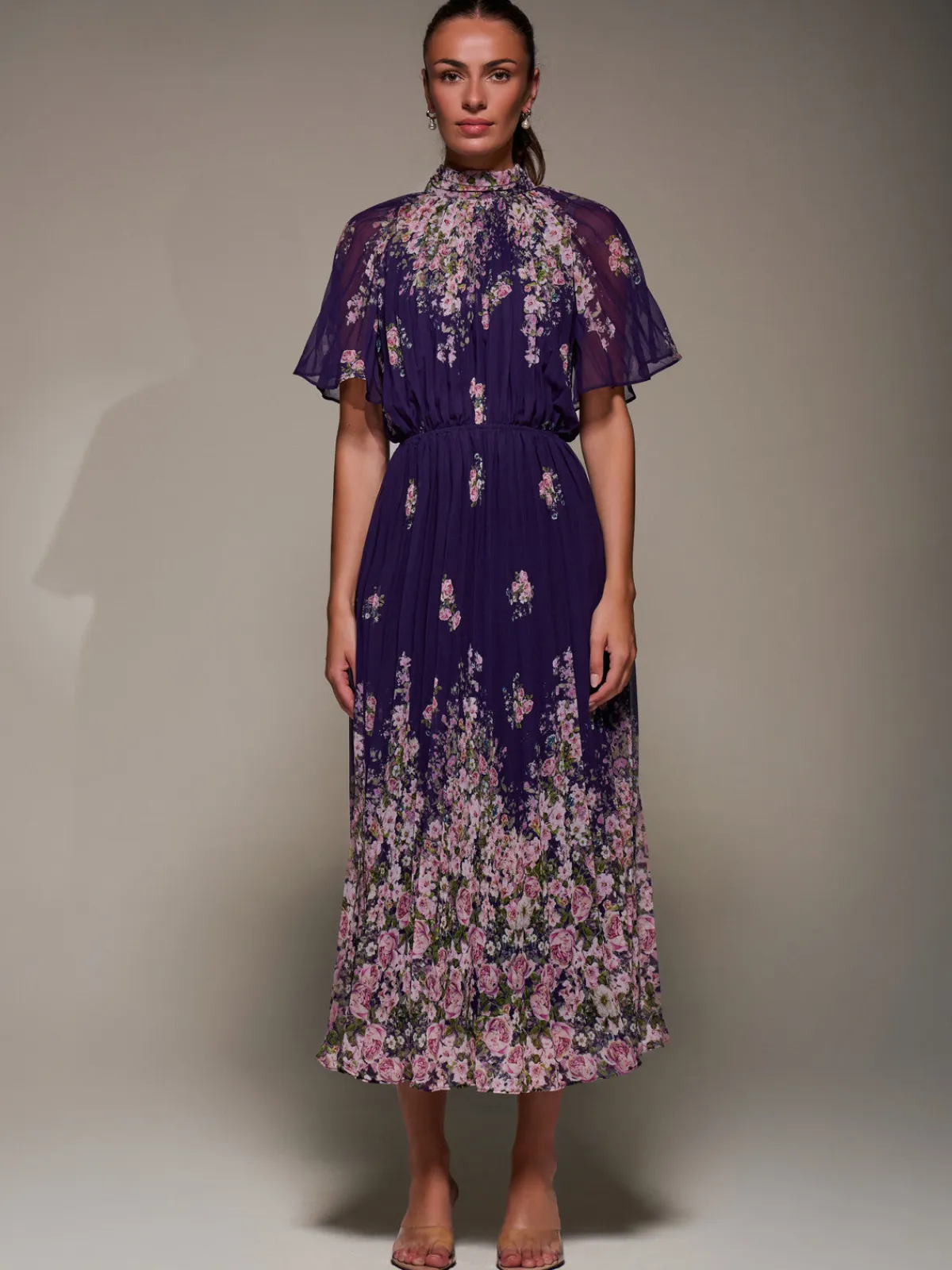 Jolie Moi Occasion Dresses|Floral Dresses-High Neck Short Sleeve Pleated Chiffon Dress, Purple Floral