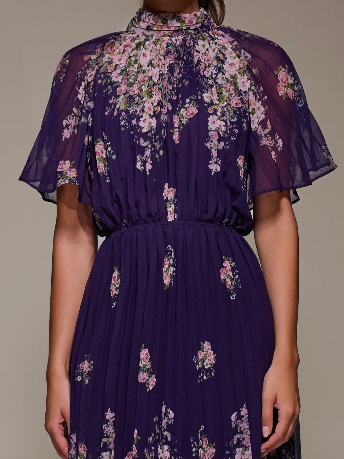 Jolie Moi Occasion Dresses|Floral Dresses-High Neck Short Sleeve Pleated Chiffon Dress, Purple Floral