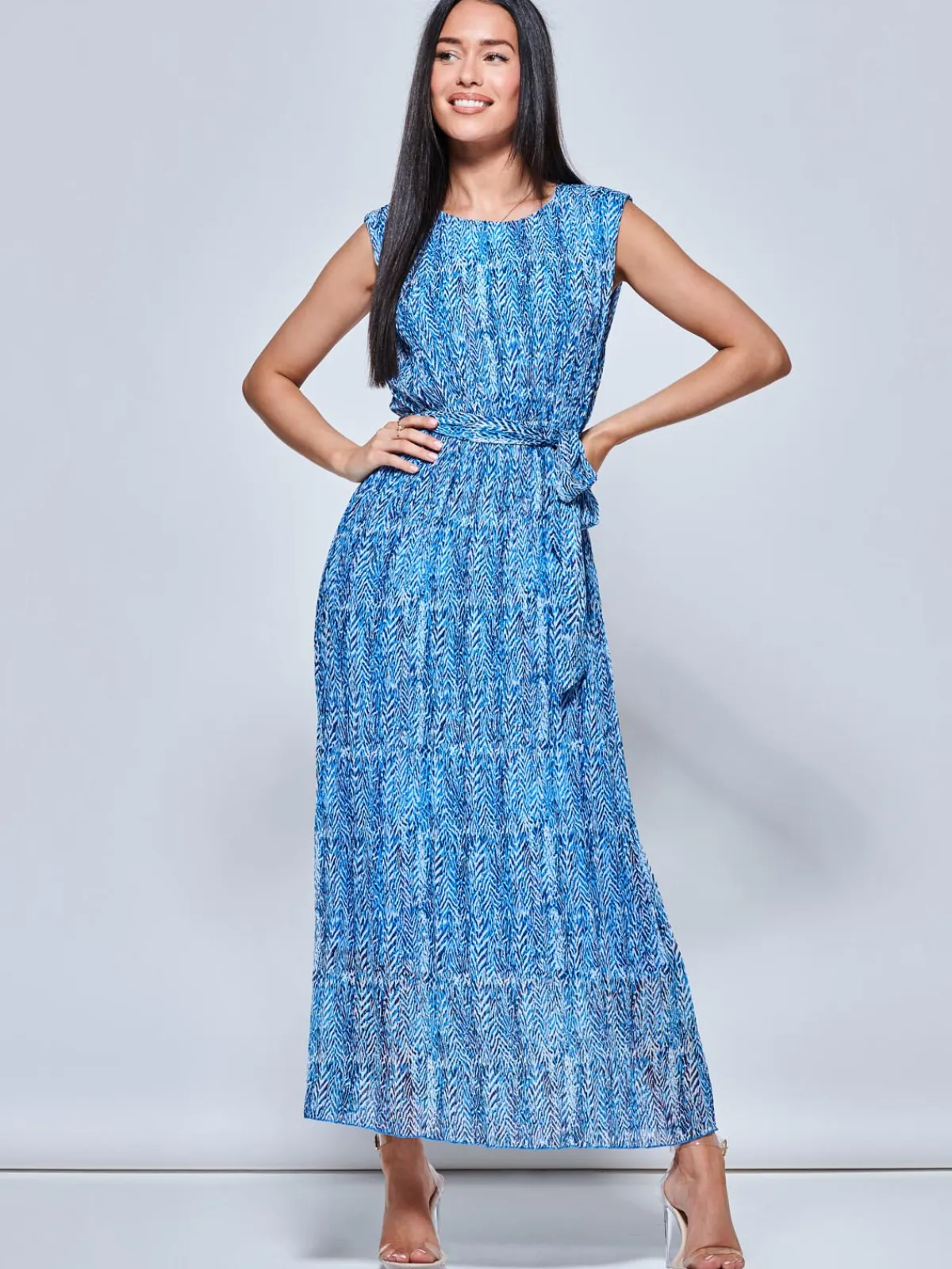Jolie Moi Occasion Dresses|Sleeveless Dresses-Holly Pleated Chiffon Maxi Dress, Blue Abstract