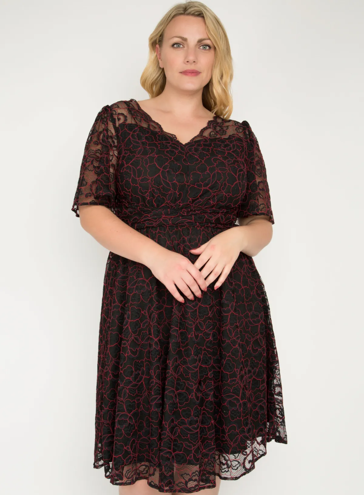 Jolie Moi Occasion Dresses|Signature Lace-J by Flare Sleeve Belted Lace Dress, Red Multi