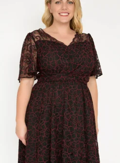 Jolie Moi Occasion Dresses|Signature Lace-J by Flare Sleeve Belted Lace Dress, Red Multi
