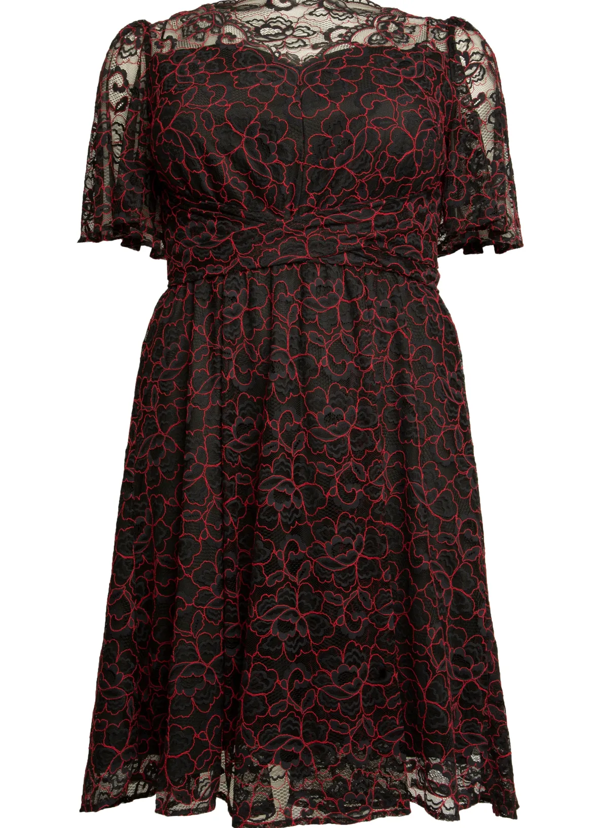 Jolie Moi Occasion Dresses|Signature Lace-J by Flare Sleeve Belted Lace Dress, Red Multi