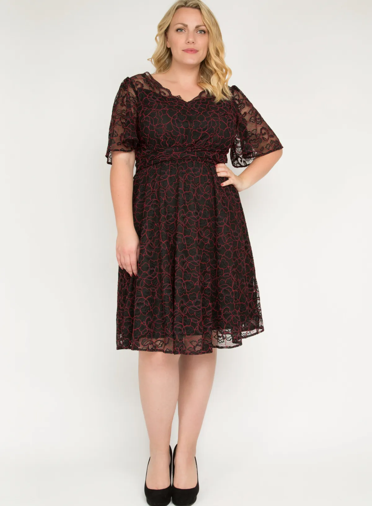 Jolie Moi Occasion Dresses|Signature Lace-J by Flare Sleeve Belted Lace Dress, Red Multi