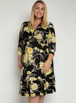 Jolie Moi Floral Dresses|Jersey Dresses-J by Print Flounce Hem Midi Dress, Yellow Floral