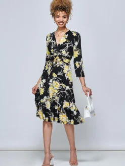 Jolie Moi Floral Dresses|Jersey Dresses-J by Print Flounce Hem Midi Dress, Yellow Floral