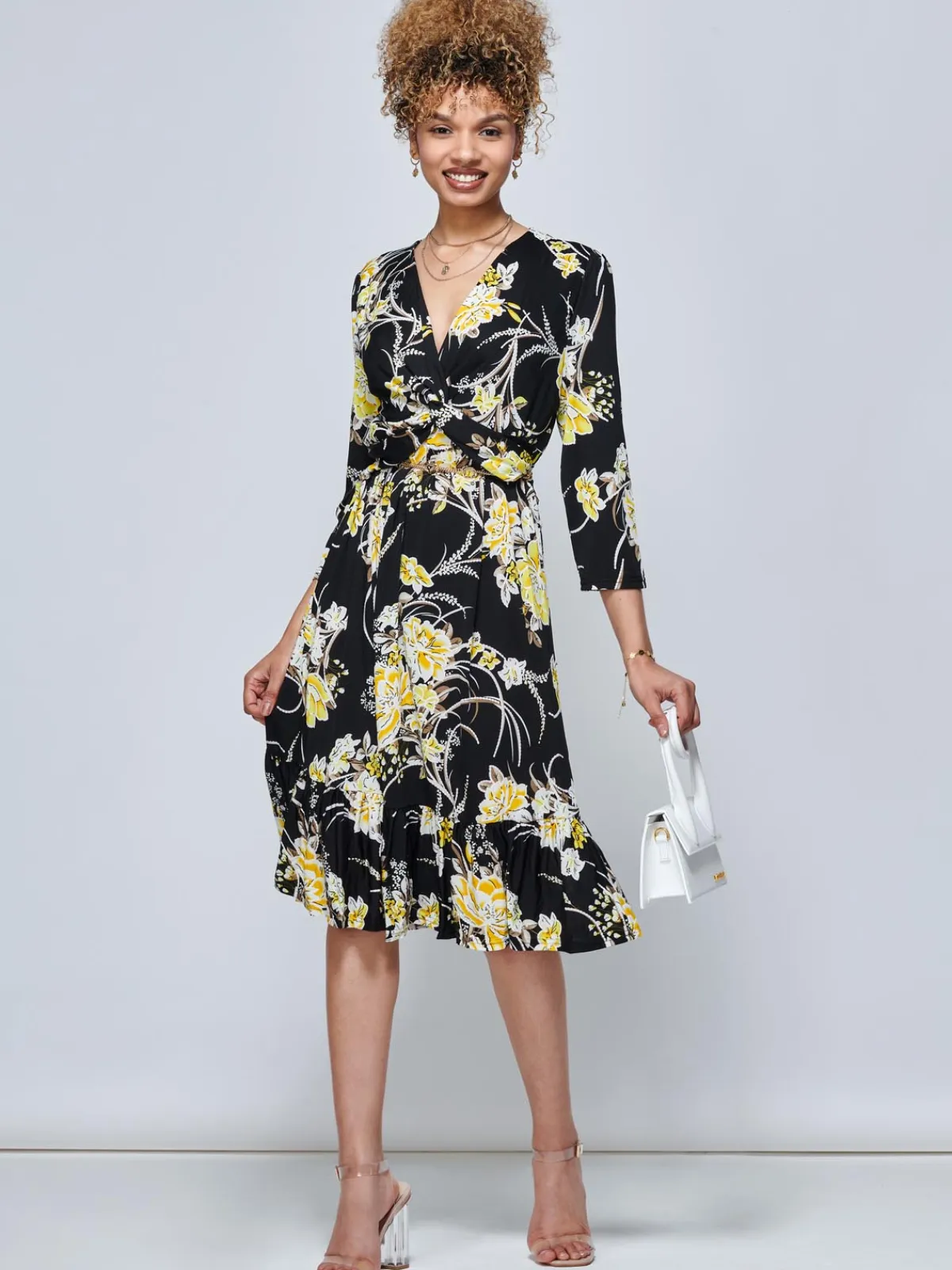 Jolie Moi Floral Dresses|Jersey Dresses-J by Print Flounce Hem Midi Dress, Yellow Floral