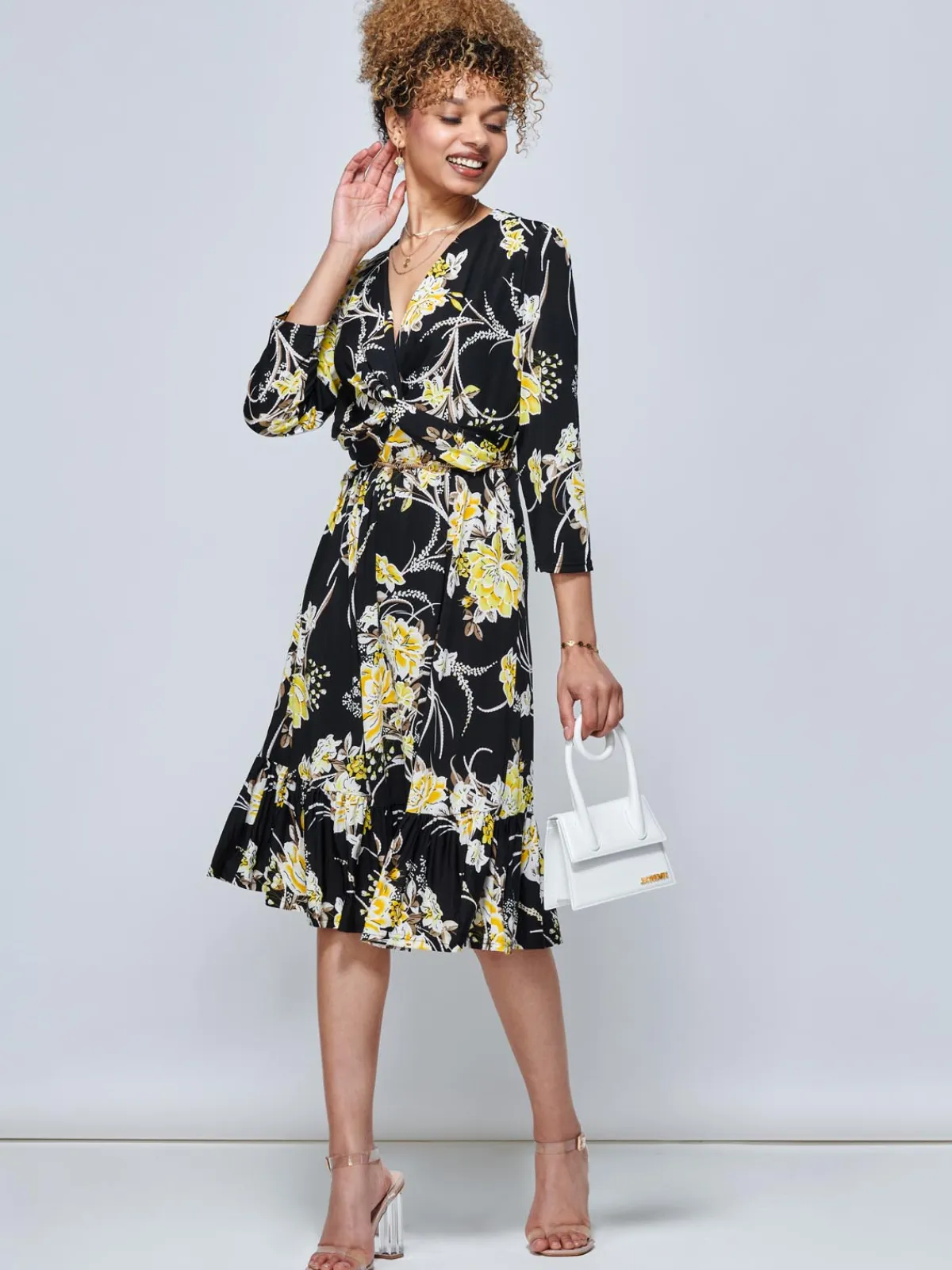 Jolie Moi Floral Dresses|Jersey Dresses-J by Print Flounce Hem Midi Dress, Yellow Floral