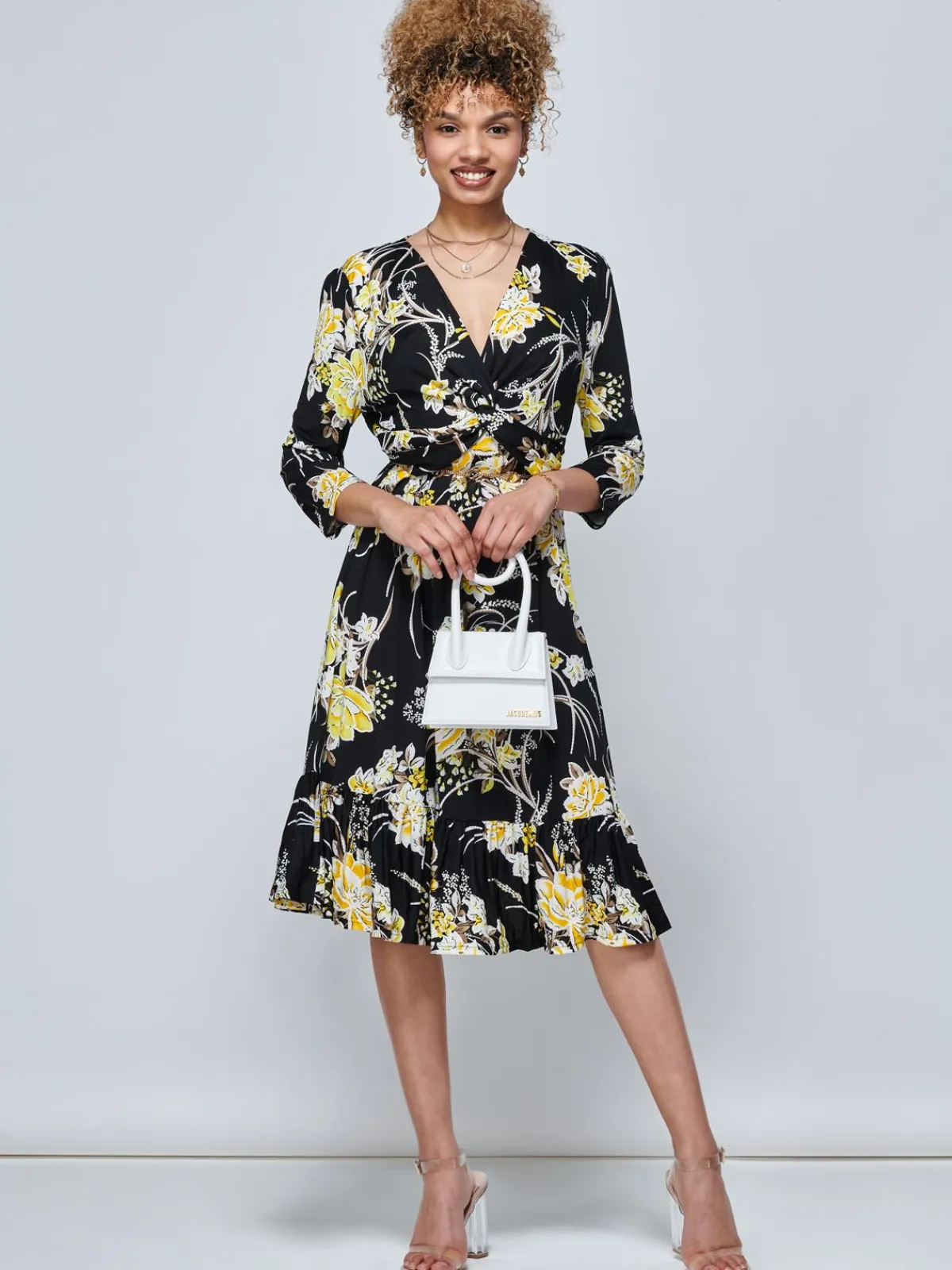 Jolie Moi Floral Dresses|Jersey Dresses-J by Print Flounce Hem Midi Dress, Yellow Floral