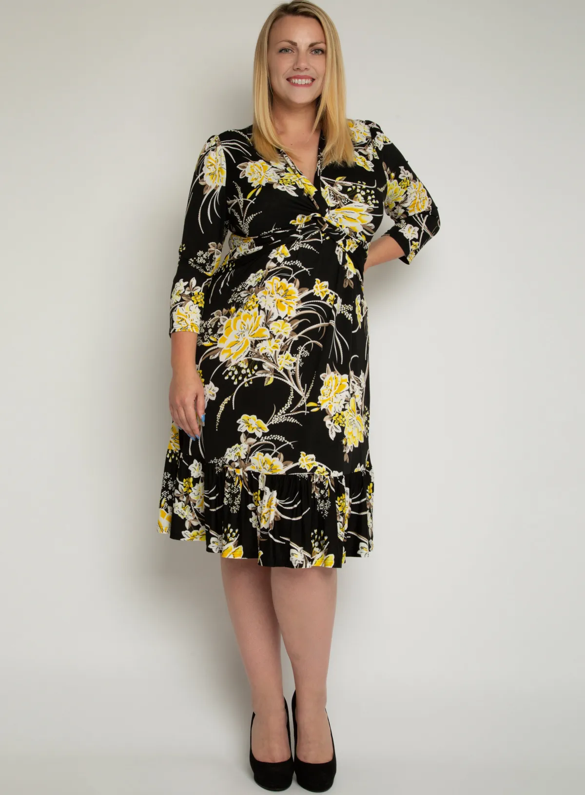 Jolie Moi Floral Dresses|Jersey Dresses-J by Print Flounce Hem Midi Dress, Yellow Floral