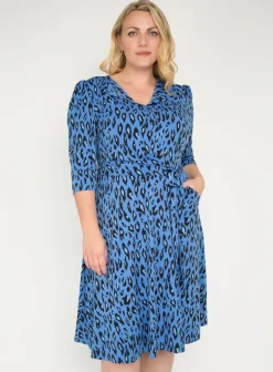 Jolie Moi Office Wear|Midi Dresses-J by Revers Collar Midi Dress, Blue Leopard