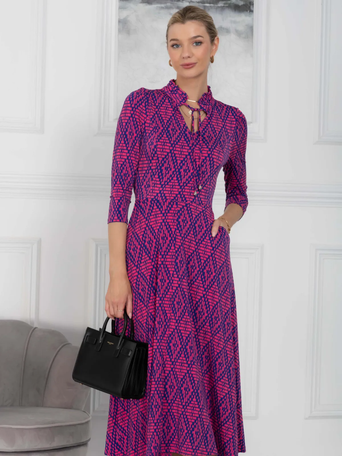 Jolie Moi Office Wear|Midi Dresses-Jennifer Tie Neck Midi Dress, Pink Multi