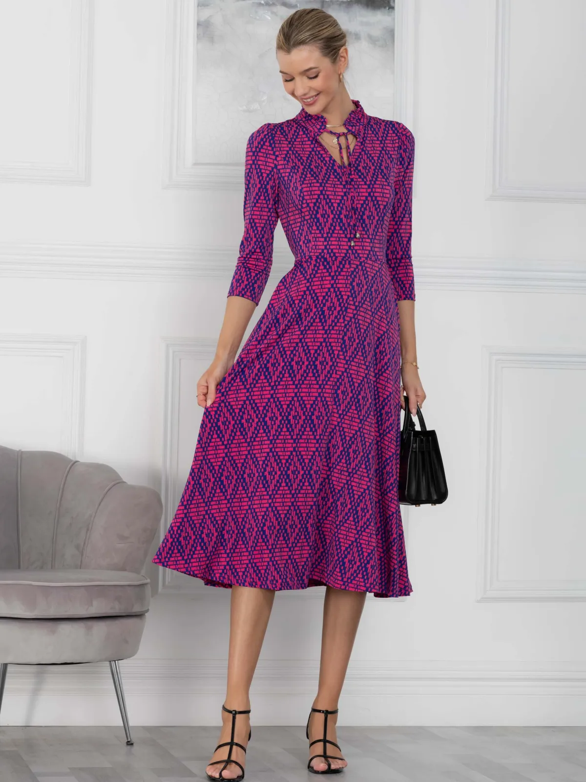 Jolie Moi Office Wear|Midi Dresses-Jennifer Tie Neck Midi Dress, Pink Multi