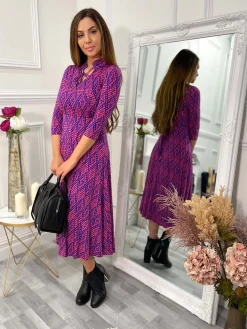 Jolie Moi Office Wear|Midi Dresses-Jennifer Tie Neck Midi Dress, Pink Multi