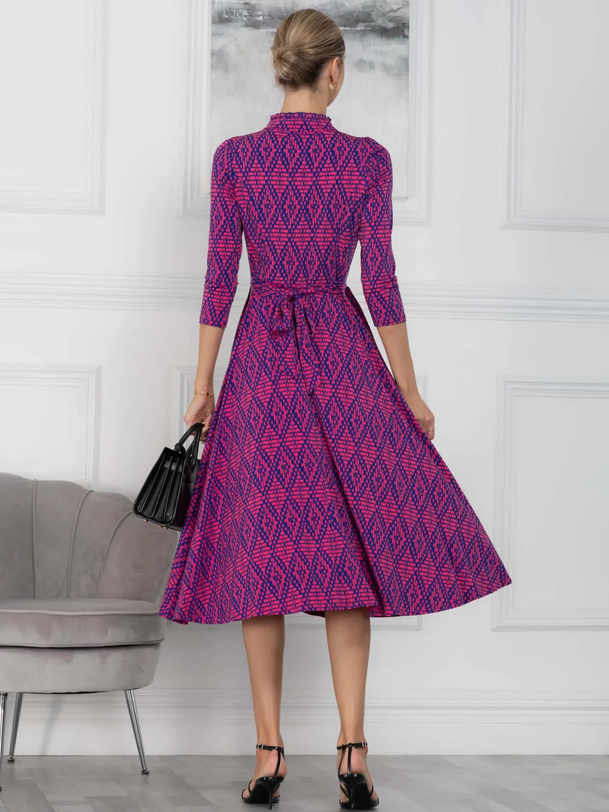 Jolie Moi Office Wear|Midi Dresses-Jennifer Tie Neck Midi Dress, Pink Multi