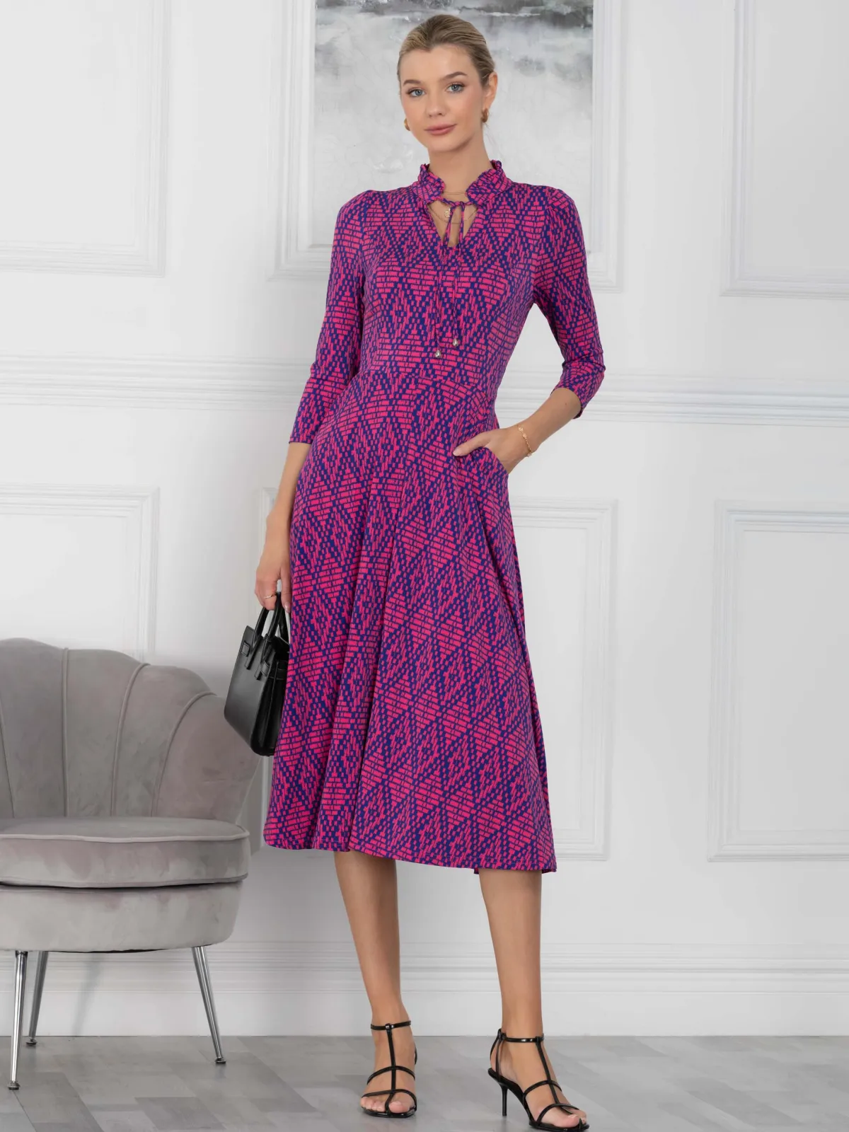 Jolie Moi Office Wear|Midi Dresses-Jennifer Tie Neck Midi Dress, Pink Multi