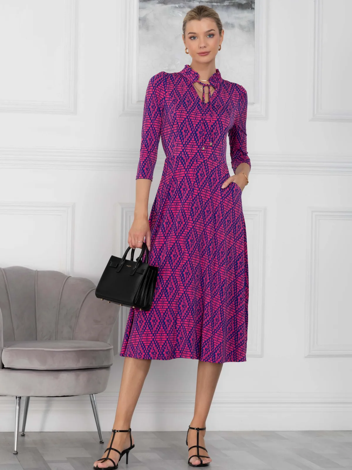 Jolie Moi Office Wear|Midi Dresses-Jennifer Tie Neck Midi Dress, Pink Multi