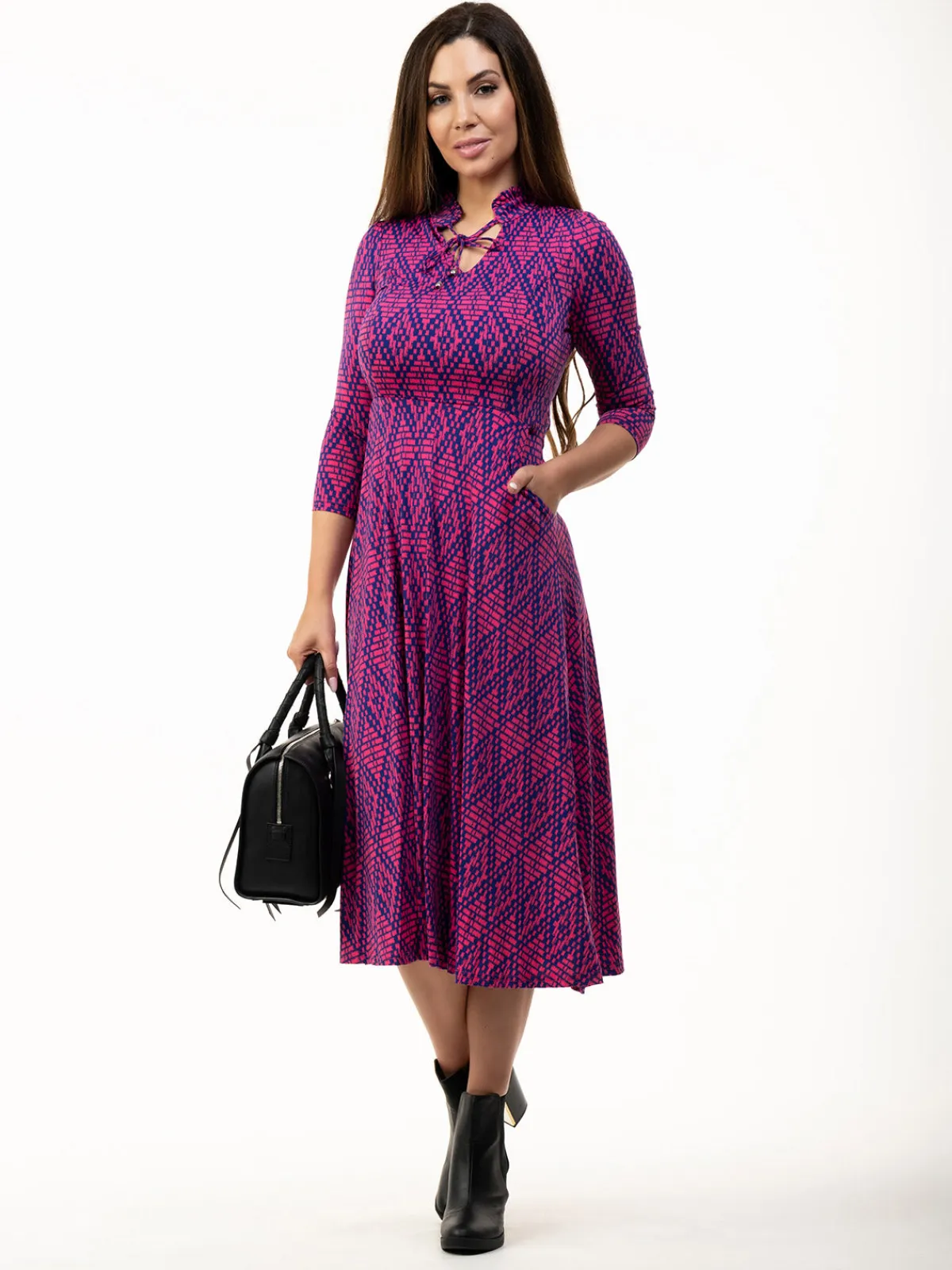 Jolie Moi Office Wear|Midi Dresses-Jennifer Tie Neck Midi Dress, Pink Multi