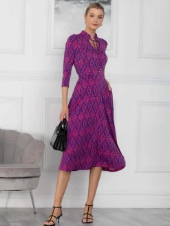 Jolie Moi Office Wear|Midi Dresses-Jennifer Tie Neck Midi Dress, Pink Multi