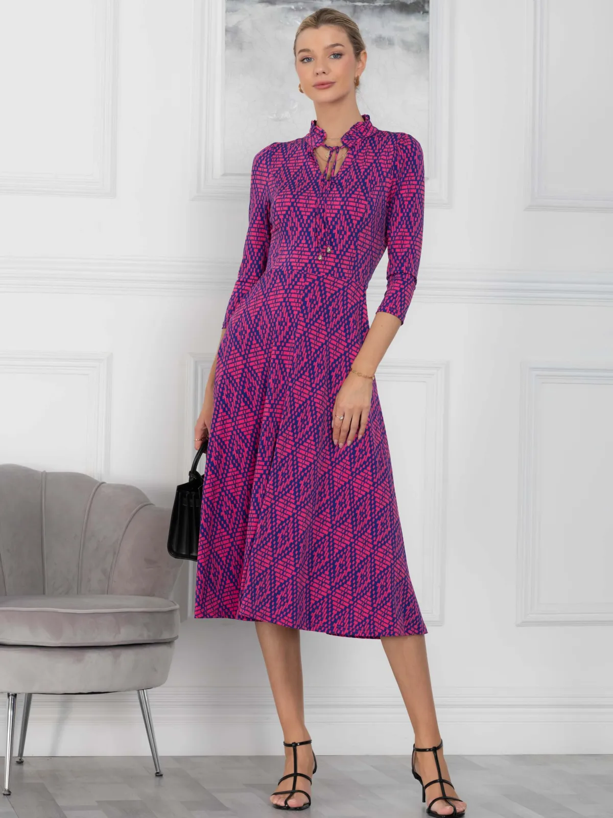Jolie Moi Office Wear|Midi Dresses-Jennifer Tie Neck Midi Dress, Pink Multi