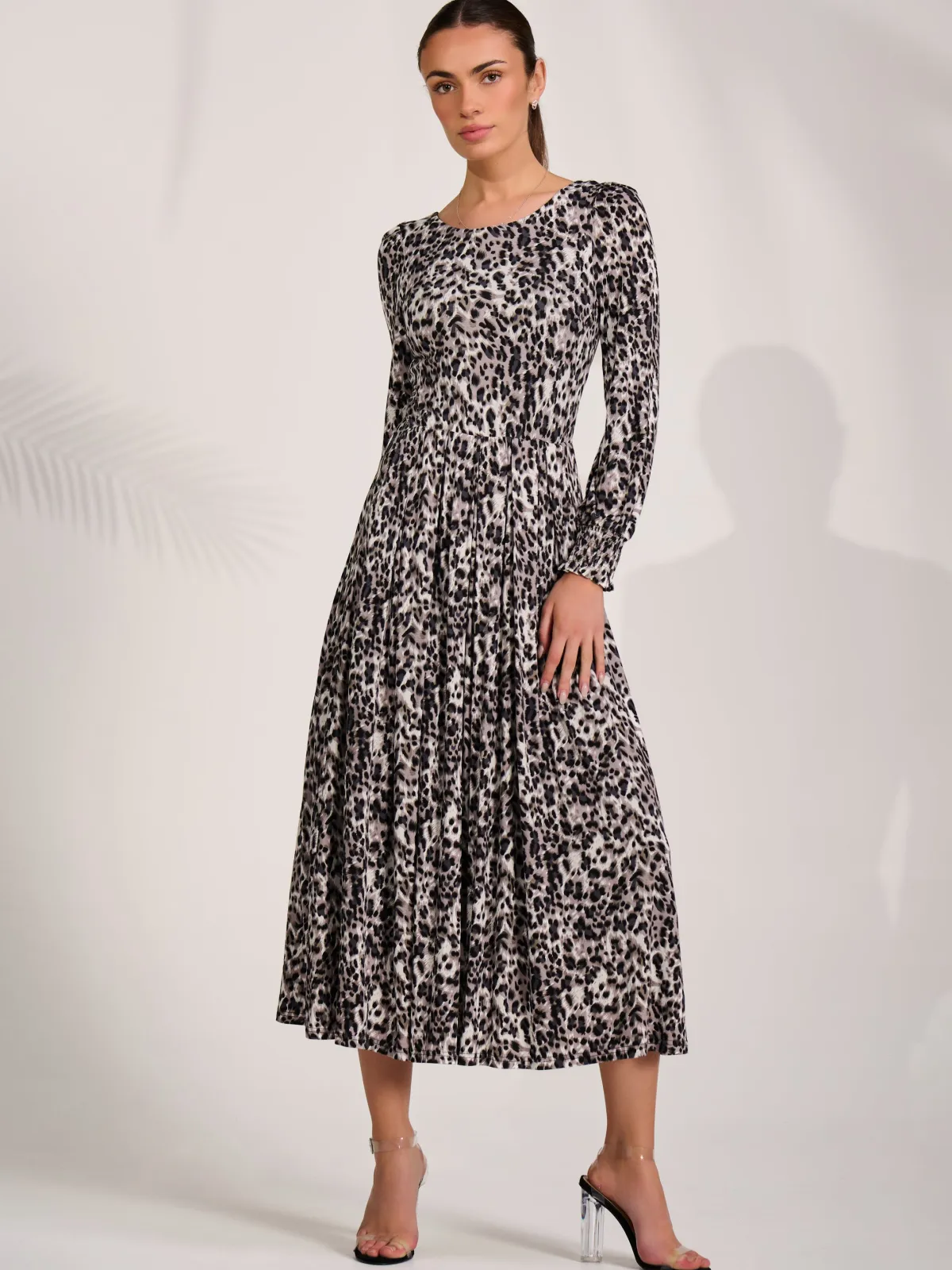 Jolie Moi Occasion Dresses|Long Sleeved Dresses-Jersey Belted Long Sleeve Maxi Dress, Leopard