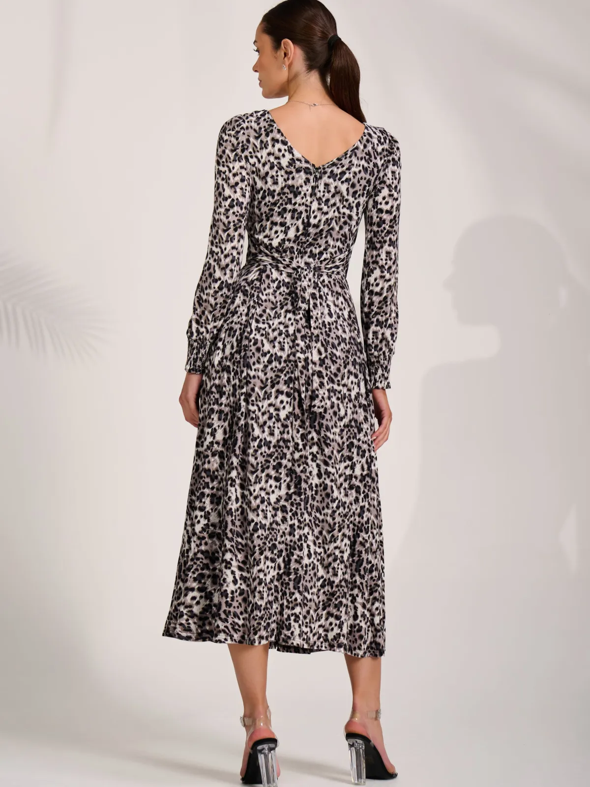 Jolie Moi Occasion Dresses|Long Sleeved Dresses-Jersey Belted Long Sleeve Maxi Dress, Leopard