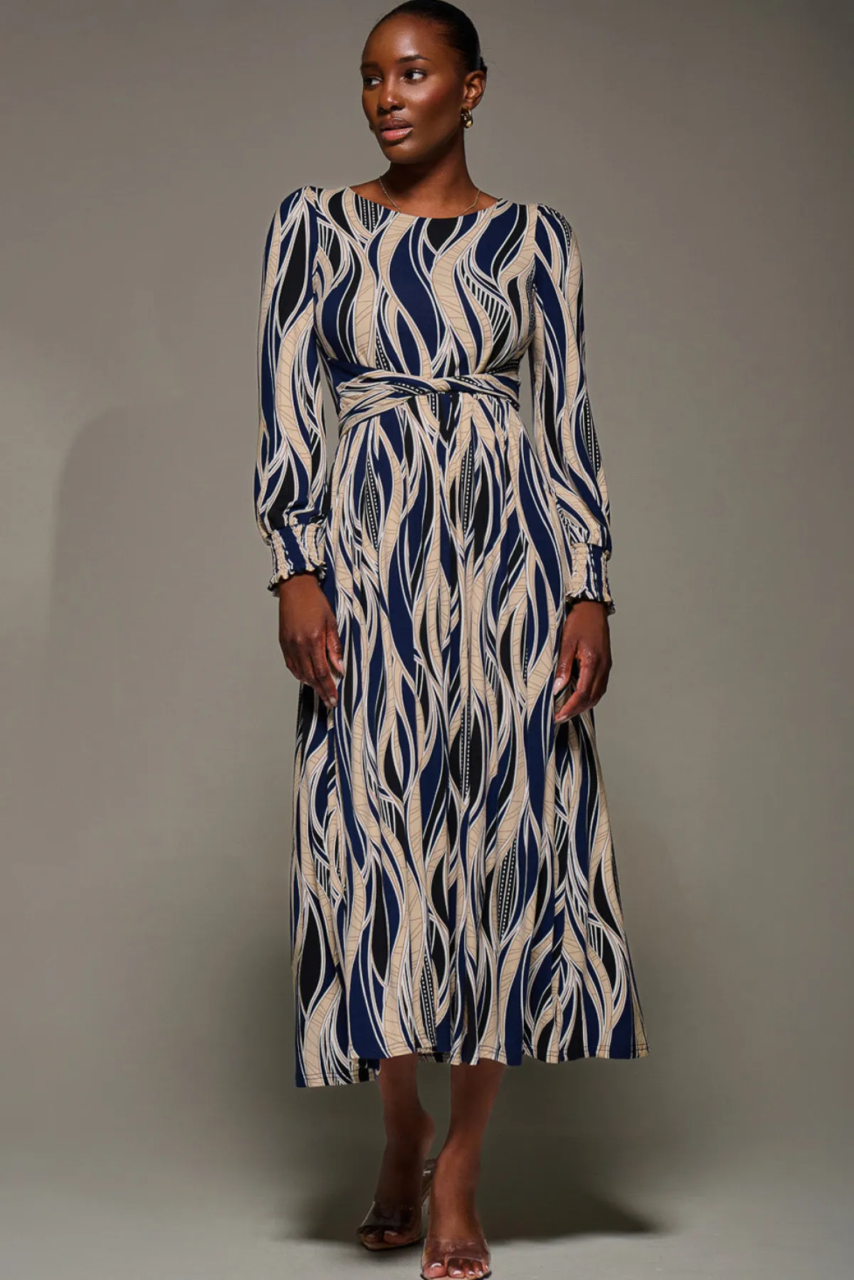 Jolie Moi Occasion Dresses|Long Sleeved Dresses-Jersey Belted Long Sleeve Maxi Dress, Navy Abstract