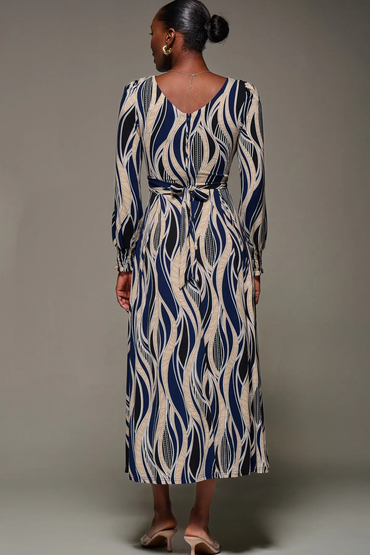 Jolie Moi Occasion Dresses|Long Sleeved Dresses-Jersey Belted Long Sleeve Maxi Dress, Navy Abstract