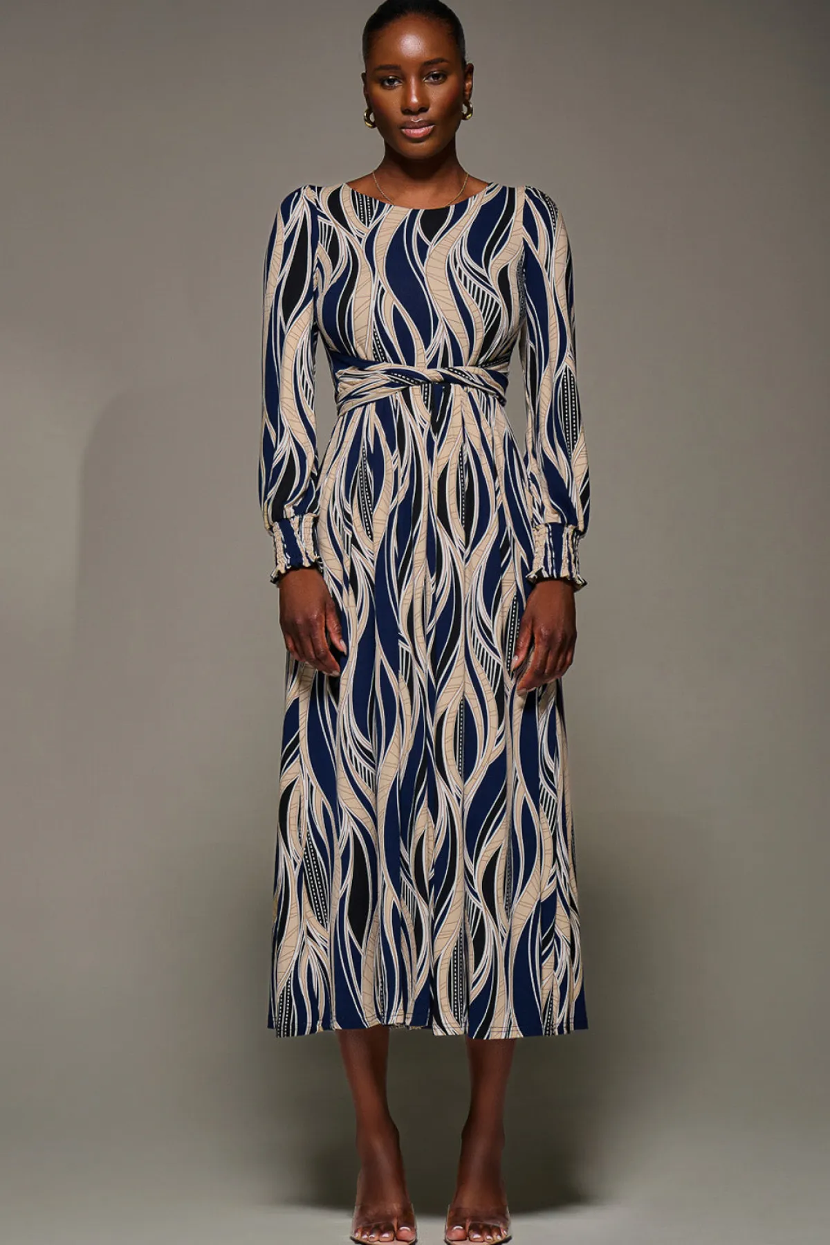 Jolie Moi Occasion Dresses|Long Sleeved Dresses-Jersey Belted Long Sleeve Maxi Dress, Navy Abstract