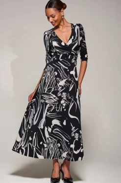 Jolie Moi Occasion Dresses|Jersey Dresses-Jersey Ruched Waist Fit & Flare Maxi Dress, Black Abstract