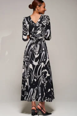 Jolie Moi Occasion Dresses|Jersey Dresses-Jersey Ruched Waist Fit & Flare Maxi Dress, Black Abstract