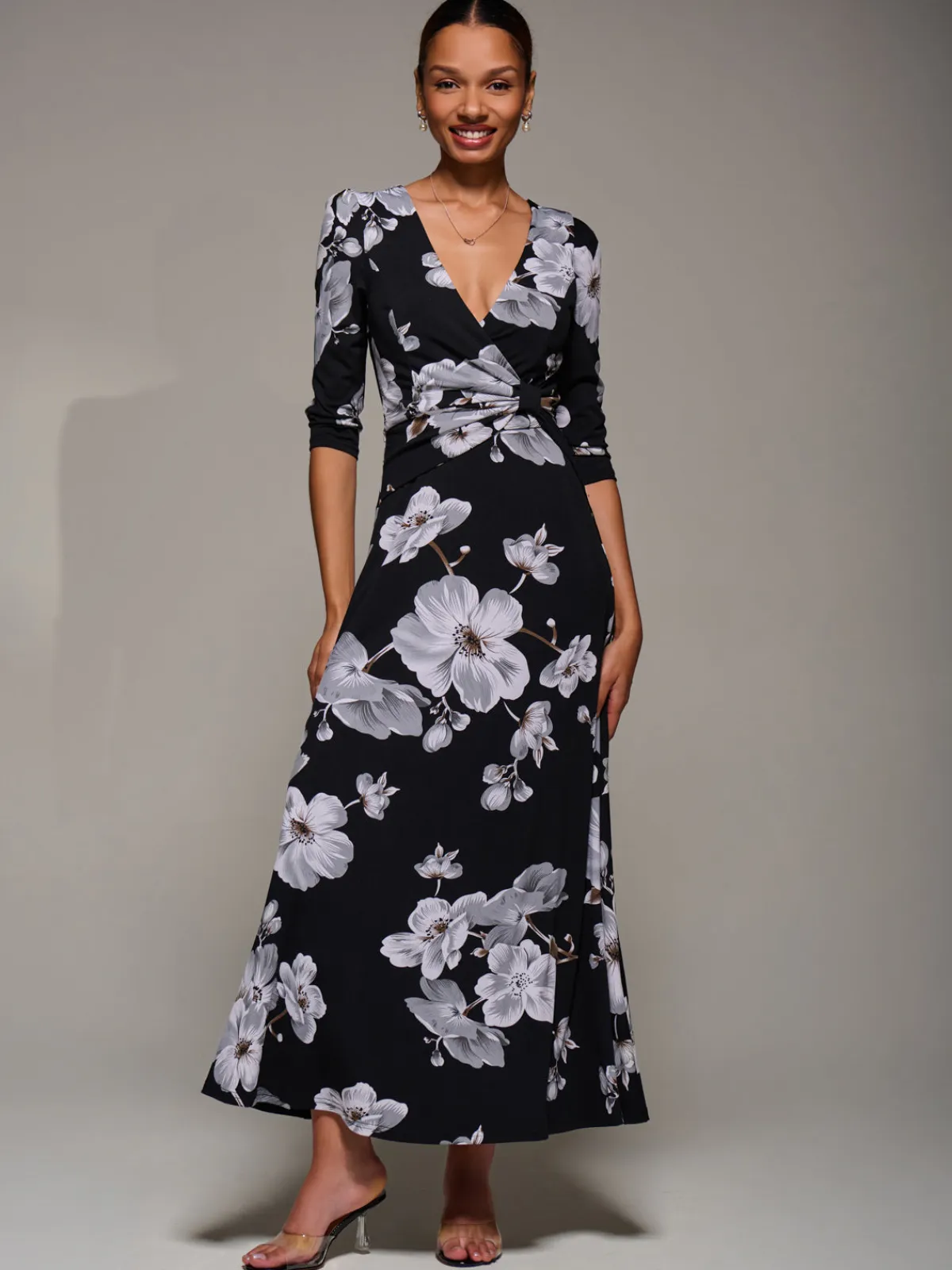 Jolie Moi Occasion Dresses|Floral Dresses-Jersey Ruched Waist Fit & Flare Maxi Dress, Black Floral