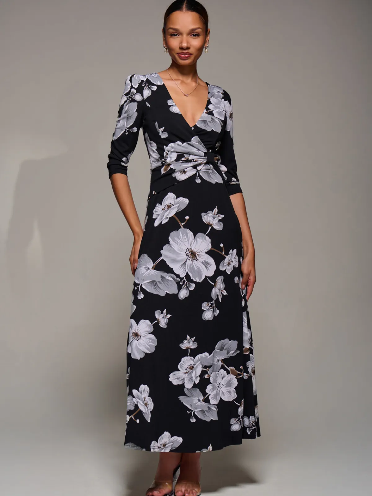 Jolie Moi Occasion Dresses|Floral Dresses-Jersey Ruched Waist Fit & Flare Maxi Dress, Black Floral